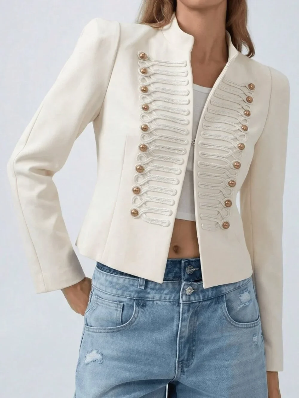 Beige Elegant Women's Exaggerated Shoulder and Faux Buttons Office Jacket
